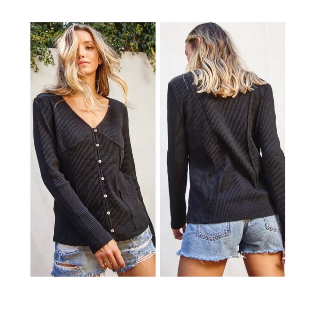 Black Long Sleeve Ribbed Henley Top